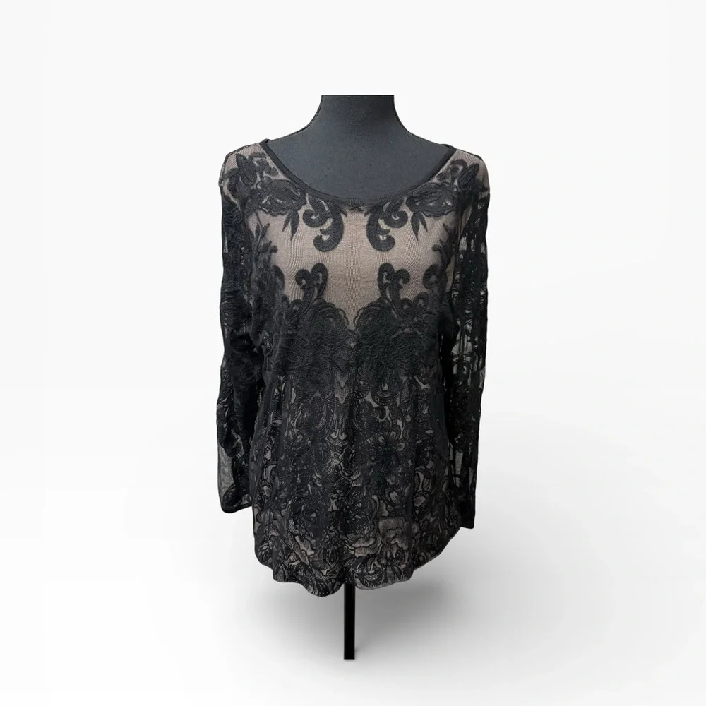 NIC+ZOE Black Lace Sheer Floral Mesh Blouse Long Sleeve Romantic Top XL - Picture 1 of 10